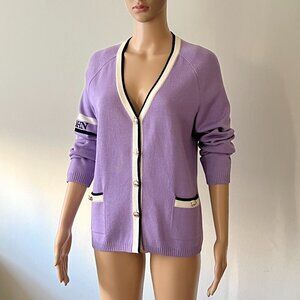 St. John Jacket S Lilac Santana Knit 6 Pearl Buttons Pockets White Black Trim